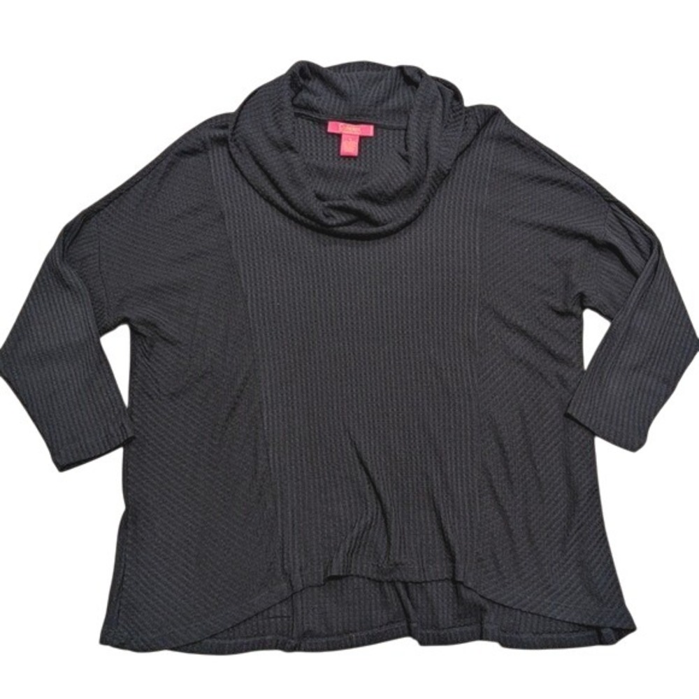 Catherine Malandrino Top Plus 1X Black Cowl Neck Shirt Tunic Waffle Knit